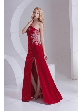 Column One Shoulder Special Fabric Beading High Slit Wine Red Prom Dress