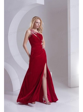 Column One Shoulder Special Fabric Beading High Slit Wine Red Prom Dress