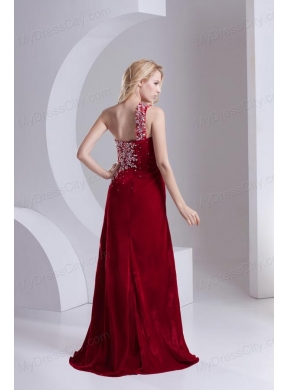 Column One Shoulder Special Fabric Beading High Slit Wine Red Prom Dress