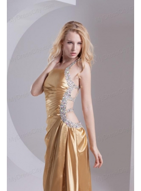 Column One Shoulder Taffeta Beading Ruching Gold Prom Dress