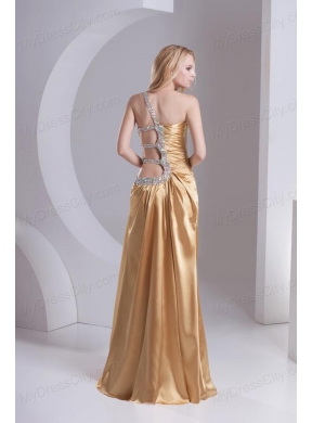 Column One Shoulder Taffeta Beading Ruching Gold Prom Dress