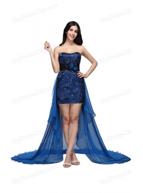 Column Royal Blue Strapless Lace Beading High-low Prom Dress