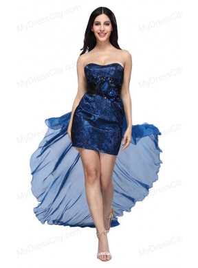 Column Royal Blue Strapless Lace Beading High-low Prom Dress