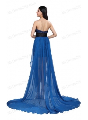 Column Royal Blue Strapless Lace Beading High-low Prom Dress