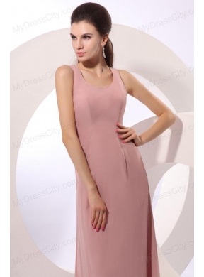 Column Square Long Ruching Pink Chiffon Floor-length Prom Dress