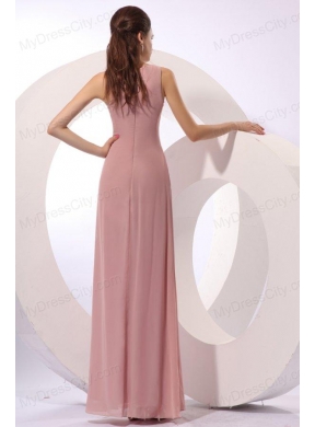 Column Square Long Ruching Pink Chiffon Floor-length Prom Dress