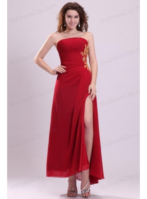 Column Strapless Appliques Ankle-length Chiffon Prom Dress with Side Zipper