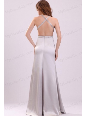 Column Straps Beading Satin Floor-length Gray Prom Dress