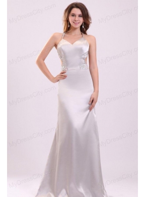 Column Straps Beading Satin Floor-length Gray Prom Dress