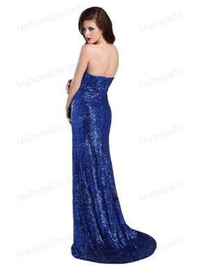 Column Sweetheart Royal Blue Sequins High Slit Brush Train Prom Dress