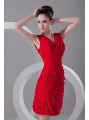 Column V-neck Mini-length Chiffon Red Ruching Prom Dress