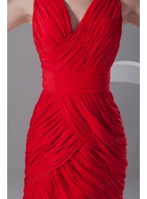 Column V-neck Mini-length Chiffon Red Ruching Prom Dress