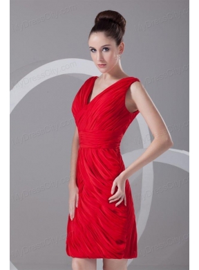 Column V-neck Mini-length Chiffon Red Ruching Prom Dress