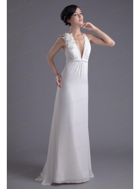 Column White Chiffon V-neck Prom Dress with Hand Made Flowers