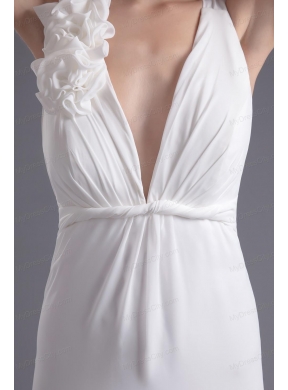 Column White Chiffon V-neck Prom Dress with Hand Made Flowers