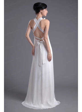 Column White Chiffon V-neck Prom Dress with Hand Made Flowers