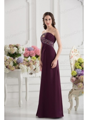 Dark Purple Column Strapless Floor-length Ruching Beading Prom Dress