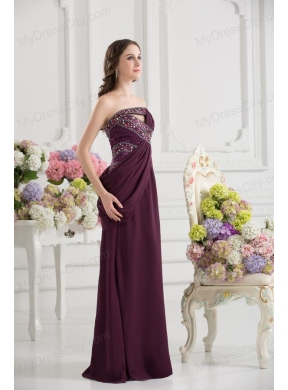 Dark Purple Column Strapless Floor-length Ruching Beading Prom Dress