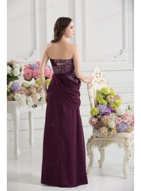 Dark Purple Column Strapless Floor-length Ruching Beading Prom Dress