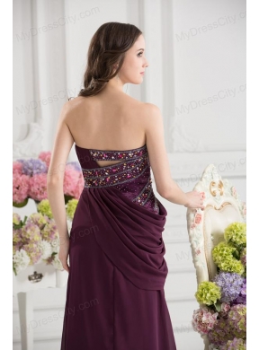 Dark Purple Column Strapless Floor-length Ruching Beading Prom Dress