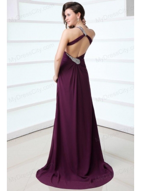 Dark Purple One Shoulder High Slit Beading and Ruching Chiffon Prom Dress