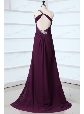 Dark Purple One Shoulder High Slit Beading and Ruching Chiffon Prom Dress