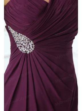 Dark Purple One Shoulder High Slit Beading and Ruching Chiffon Prom Dress