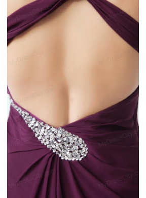 Dark Purple One Shoulder High Slit Beading and Ruching Chiffon Prom Dress