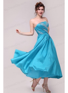 Elegant Aqua Blue A-Line Strapless Taffeta Beading Ankle -length Prom Dress