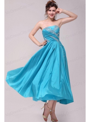 Elegant Aqua Blue A-Line Strapless Taffeta Beading Ankle -length Prom Dress