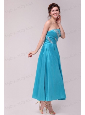 Elegant Aqua Blue A-Line Strapless Taffeta Beading Ankle -length Prom Dress