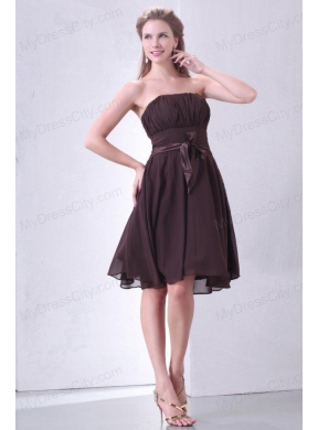 Elegant Brown Strapless Knee-length Prom Dress with Sash and Ruching