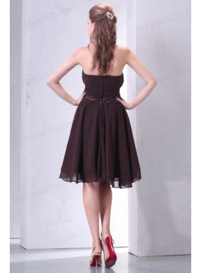 Elegant Brown Strapless Knee-length Prom Dress with Sash and Ruching