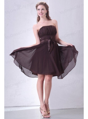 Elegant Brown Strapless Knee-length Prom Dress with Sash and Ruching