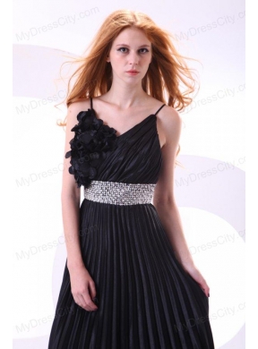 Empire Black Spaghetti Straps Long Pleats and Beading Prom Dress