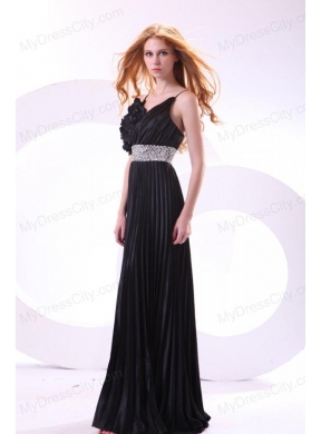 Empire Black Spaghetti Straps Long Pleats and Beading Prom Dress