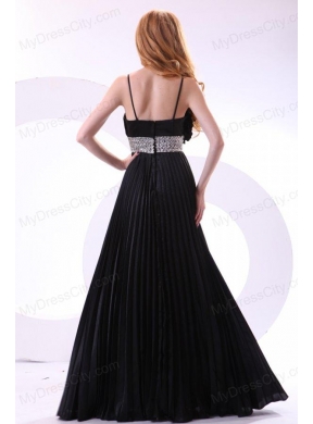 Empire Black Spaghetti Straps Long Pleats and Beading Prom Dress