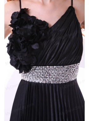 Empire Black Spaghetti Straps Long Pleats and Beading Prom Dress