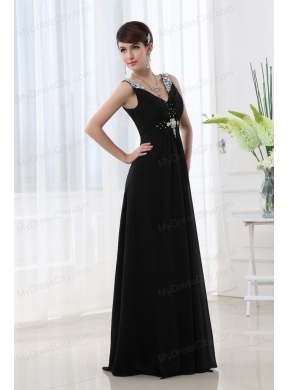 Empire Chiffon Floor-length V-neck Black Beading And Ruching Prom Dress