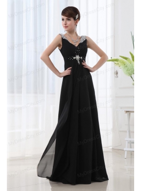 Empire Chiffon Floor-length V-neck Black Beading And Ruching Prom Dress