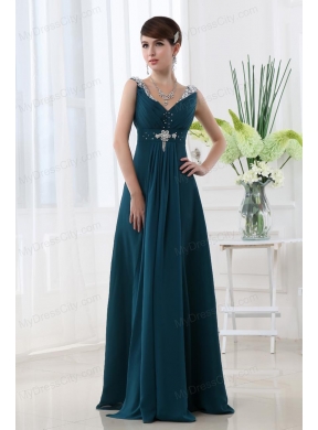 Empire Chiffon Floor-length V-neck Black Beading And Ruching Prom Dress