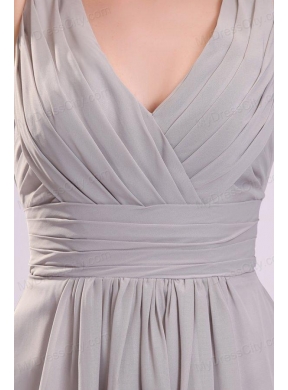 Empire Gray V-neck Ruching Chiffon Knee-length Prom Dress