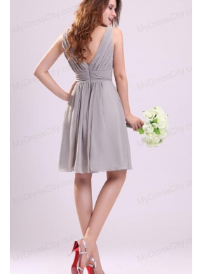 Empire Gray V-neck Ruching Chiffon Knee-length Prom Dress