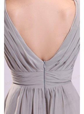 Empire Gray V-neck Ruching Chiffon Knee-length Prom Dress