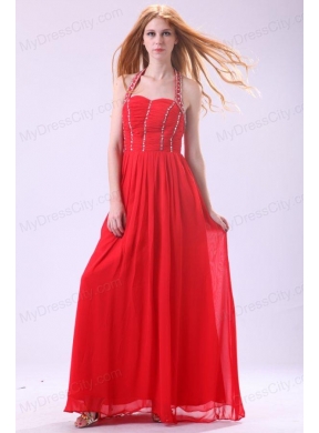 Empire Halter Beading Floor-length Red Chiffon Prom Dress