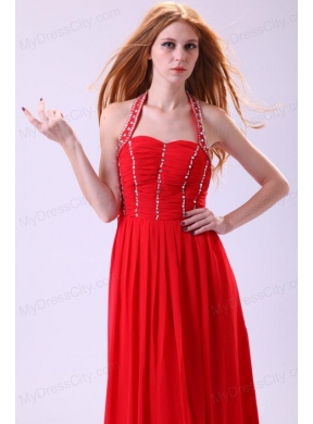 Empire Halter Beading Floor-length Red Chiffon Prom Dress