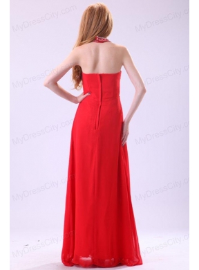 Empire Halter Beading Floor-length Red Chiffon Prom Dress