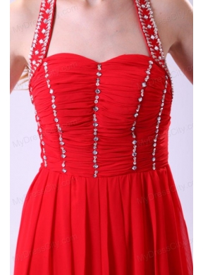 Empire Halter Beading Floor-length Red Chiffon Prom Dress