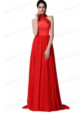 Empire Halter Top Ruching Red Chiffon Prom Dress