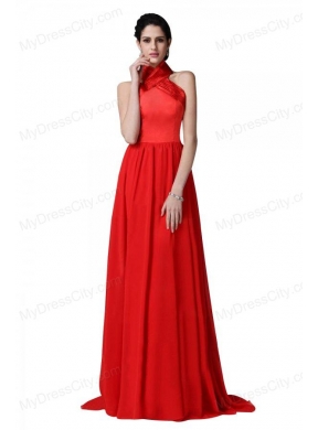 Empire Halter Top Ruching Red Chiffon Prom Dress